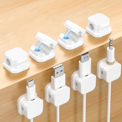 Cable Organizer Holder Clips, 8 Pack Upgraded Magnetic Desk Cable Clips Management, Wire Holder Organiser for Nightstand, Kitchen Appliances, Office Supplies, Phone Cable, Wall, Car White