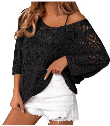 QJDFLL Hauts décontractés à épaules dénudées pour Femmes, Manches 3/4, Pulls en ajourés, légers, surdimensionnés, Tricot(Le Noir,L)