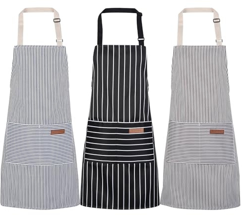 Livdouyu 3 Stück Schürze Kochschürze Verstellbare Küchenschürze mit Taschen | Frauen und Männer Kittelschürze,Grillschürze,gestreiftes Design,zum Kochen,Malen,Backen,Hausarbeiten,Geschenk für Papa Mama