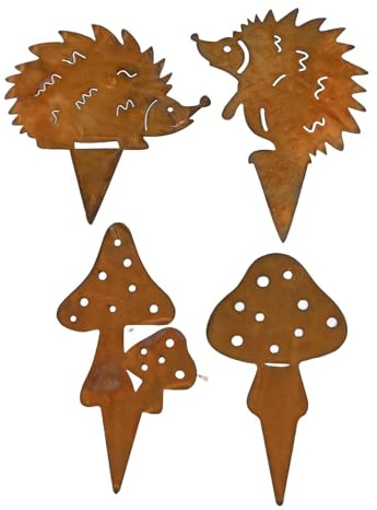MonoSora Rostiger Igel und Pilz Gartenstecker 4er Set Metall Deko Flor für Haus Garten Blumentopf Outdoor Indoor Herbst Deko