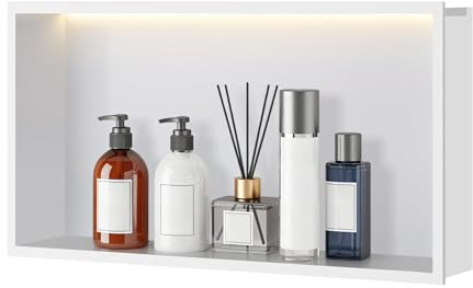 FTL Nicchia Doccia Incasso con LED Bianca 60x30x10cm,Nicchia da Parete per Doccia in Acciaio Inox con 3000K Bianco Caldo Luce LED,Senza Bisogno di Piastrelle Nicchia per Bagno con Luce Orizzontale
