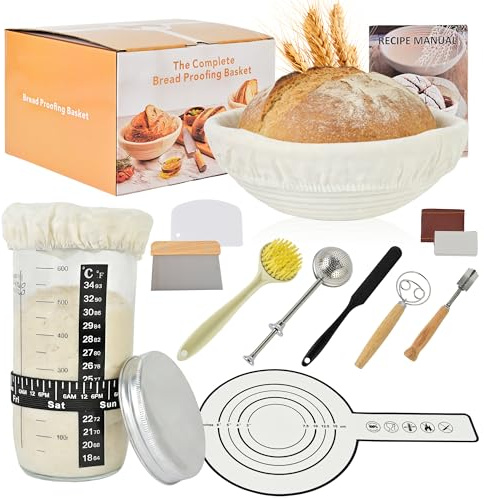 Sourdough Starter Kit, Complete Sourdough Bread Baking Set with Banneton Proofing Basket, Starter Jar, Bread Lame, Dough Scraper & Whisk, Perfect for Homemade Sourdough Bread Lovers