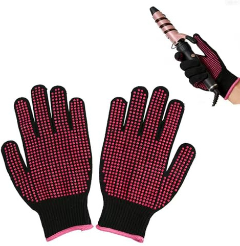 Heat Resistant Gloves for Hair Styling, 2 Piece Set, Black and Pink, Double Sided Non Slip Silicone Bumps, Heat Protection for Curling Iron Wand, Flat Iron, Hair Straightener, Hot-Air Brushes