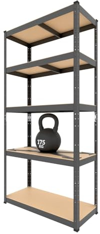 BAUSOKOL Metallregal 180x80x40 cm Schwarz – 5 MDF Böden – Tragkraft 875kg – Lagerregal, Werkstattregal, Kellerregal, Schwerlastregal