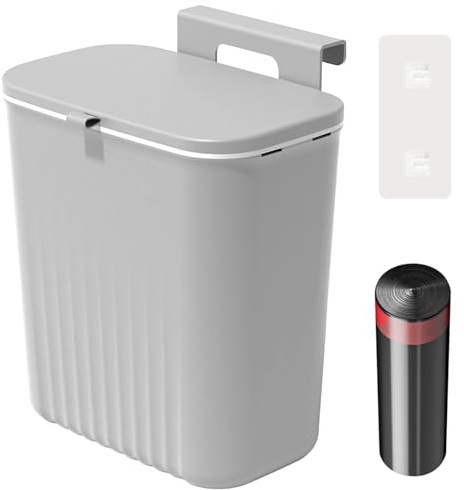 9L Hanging Kitchen Bin - Under Kitchen Counter Bins with Lid, Food Waste Caddy Rubbish Dustbin, Compost Bin Dustbin with12 Black Garbage Bags for Under Sink Cupboard Door, Camping, Bathroom (Grey)