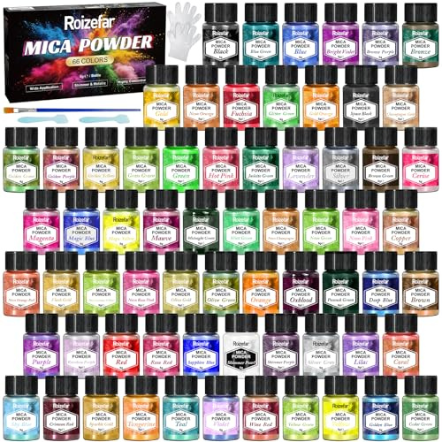 Roizefar glimmerpulver, 66 färger x 5 g pärlemorskimrande epoxihartspigment metalliskt pulver för tvålfärg, smyckestillverkning, nagellack, epoxiharts, ljustillverkning, badbomber, slime