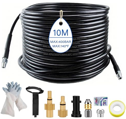 10M Kit de Manguera para Limpiar Tuberías, compatible con Karcher K2-K7 & Lavor & Bosch, 400 Bar/5800 PSI,Kit de Limpieza de Manguera de Drenaje con 2 Boquillas y 3 Adaptadores