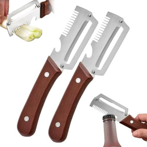 Pelapatate Multifunzione Per Cucina, 2PCS Pelapatate Stainless Steel Con Manico Legno, Pelapatates Ergonomico Verdure Frutta Patate Apribottiglie, Affettatrice Frutta Manico Antiscivolo Apribottiglie