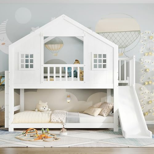 MAMAINI Letto a castello con scivolo, letto per bambini, squisito design con finestra e tetto, rete a doghe e gradini stabile, compensato di pino MDF, bianco, 90 x 200 cm