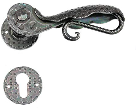 UHRIG Poignées de porte en fer forgé, jeu de poignées en noir antique, paire de poignées de porte avec poignée et rosaces de serrure pour par exemple la porte d’entrée et bien plus encore.