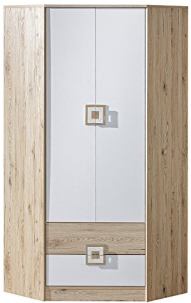 Eckkleiderschrank Nicola NA02, Farbige Griffe, Drehtürenschrank mit 4 Einlegeböden, Kleiderstange und 2 Schubladen, Kleiderschrank, Eckschrank (Eiche Hell/Weiß + Eiche Hell)