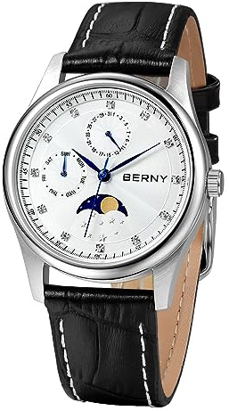BERNY Womens Multi-Function Watch with Calendar and Moon Phase Watch - Stainless Steel Case and Leather Band (White)
