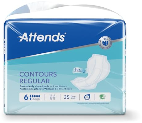 Attends Contours Regular 6, Vorlagen bei starker Inkontinenz, 4x35 St | Saugstärke 6, 671 g Saugleistung, anatomisch geformt, Quick-Dry, Auslaufschutz, OEKO-TEX, Nordic Swan, latexfrei