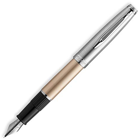 Waterman Emblème Deluxe Fountain Pen, Gold with Chrome Trim, Fine Nib with Blue Ink Cartridge, Gift Box