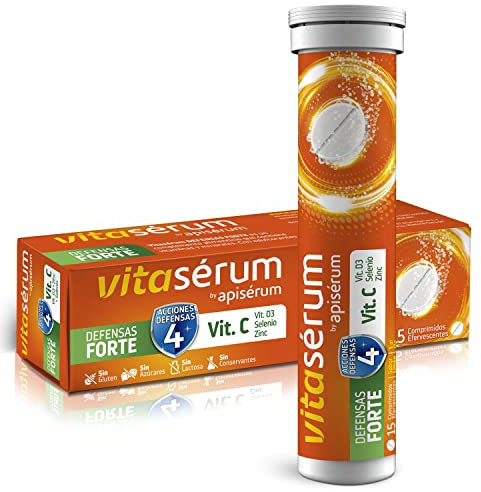 Apiserum Vitasérum Defensas Forte 15 comprimidos, Vitamina C (600 Mg), D3, Selenio Y Zinc, Ayuda A Tu Sistema Inmunitario, Cansancio Y Fatiga, Comprimidos Efervescentes, Anaranjado, 15 días