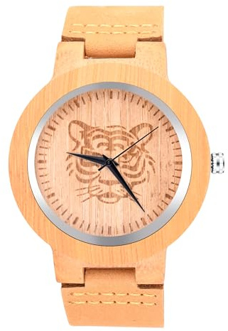 MicLee Men's Wrist Watches, Men's Women's Bamboo Wood Watch, Tiger Head Pattern Wooden Watch, with Leather Band, Natural Wood Quartz Watch, Decorative Casual Watch