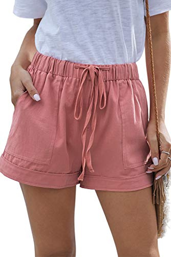 HVEPUO Linne- och bomullsshorts för damer, med elastiskt band, hotpants för sommaren, breda och korta byxor, S
