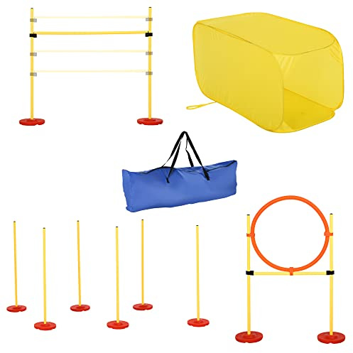 PawHut 4 pz Set Agility Dog per Addestramento Cani con Ostacoli Slalom e Tunnel, Altezza Regolabile