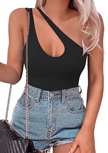SAUNGKUAI Women's Sexy One Shoulder Sleeveless Cutout Thong Bodysuit Tank Top Body Suits Backless Asymmetrical Going Out Tops Black M