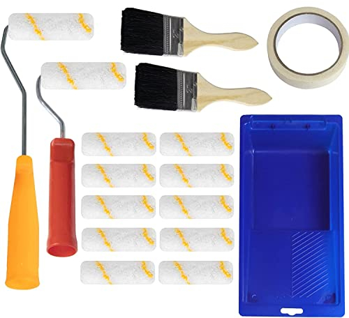 16 Kit di Rullo Per Pittura + Pennello Pittura + Vassoio di Pittura + Nastro Adesivo Anti-Versamento, Rullo Pittura Antigoccia, Rullo Pittura Piccolo, Rulli per Imbiancare, per Deco Murale, Pittori