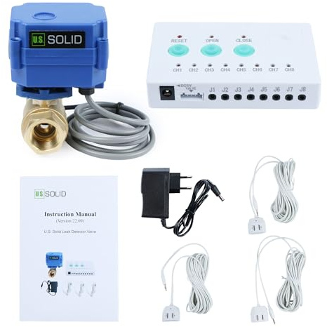 U.S. Solid Rilevatore di perdite d'acqua - Sistema di rilevamento perdite d'acqua con valvola a sfera motorizzata in ottone da 1/2 con spegnimento automatico, controller e 3 sensori e allarme sonoro