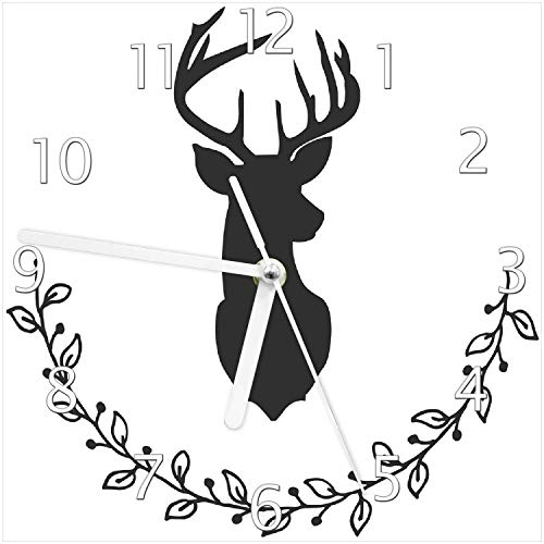Wallario Design-Wanduhr Schwarze Hirsch Silhouette mit Zweigen - schwarz weiß aus Glas, Motiv-Uhr Größe 20 x 20 cm, weiße Zeiger