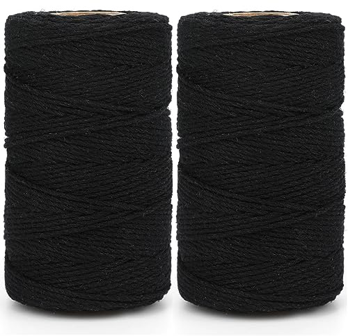 KINGLAKE 2mm Kordel Schwarz,200M Baumwollschnur,Makramee Garn,Baumwollgarn Dünn,String Für Backen,Kochen in der Küche,DIY Basteln,Weihnachtsgeschen Kverpackung,Deko-(100mX2)