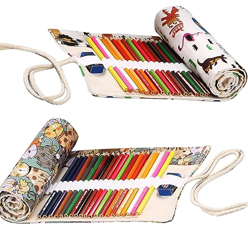 2 Pieces 48 Holes Canvas Pencil Bag, Pencil Wrap Roll Up Holder, Colouring Pencils Bag, Organiser Portable Pencil Roll, Kunststudent Skizziert Farbige Bleistifte Leinwand Federmäppchen