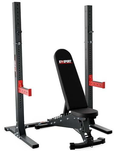 K-Sport: *BLACK LINE* Squat Rack mit Hantelbank| extrem belastbares Trainingsset | Premium Langhantelablage und vielfachverstellbare Multifunktionsbank je bis 350kg belastbar