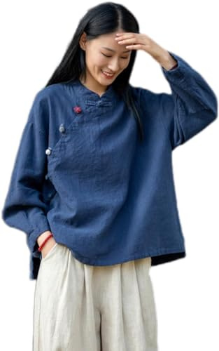Kkaebi Blusa de ramio chino para mujer, camisa Hanfu de algodón y lino, ropa tradicional, traje de meditación con manga larga, túnica retro, traje de meditación, azul marino, S