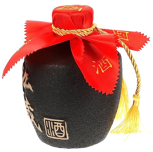 OUNONA Leere Spirituosenflasche aus Ton mit Versiegelung Keramischer Spirituosenbehälter für Zuhause Verschließbares Schnapsglas mit Rotem Stoff und Gelbem Quast Zufälliger Stil