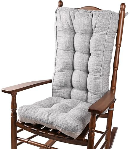 KGPLOME Jumbo-Schaukelstuhlkissen mit Bändern, rutschfeste, langlebige Leinen-Pads, dicke Polsterung und getuftetes Design für Wohnzimmer, Wippe (Grau, Set mit Sitz- und Rückenkissen)
