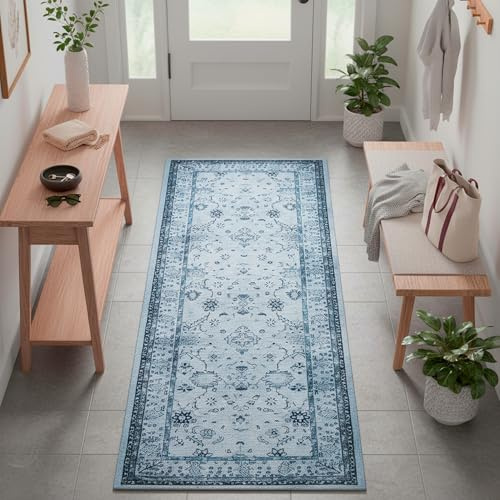 TESSO LIVING Moderner Vintage Boho Teppich Laufer - Jeans Blau 80 x 215 cm - Maschinenwaschbar und rutschfest Kurzflor Teppich - bringt Wärme in Wohnzimmer und Schlafzimmer