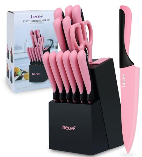 hecef Cuchillos Cocina 13 Piezas Acero Inoxidable, Juego de Cuchillo de Cocina con Bloques de Madera, Set cuchillos con Afilador Cuchillos y Tijeras de Cocina, Colorido (Rosa)