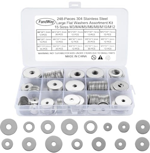 FandWay 248 Pcs Large Fender Washers, 304 Stainless Steel Flat Penny Washers Assortment Kit for Car Ship Assembly, Furniture Installation, Electrical Connections, DIY Project. (M3 M4 M5 M6 M8 M10 M12)
