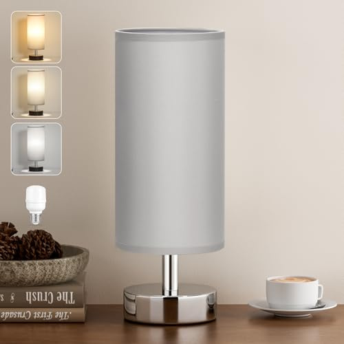 Kakanuo Nachttischlampe Klein, Tischlampe mit Kabelschalter, 3 Farbtemperaturen, Grauer Lampenschirm Silberner Sockel, Kleine Lampe für Nachttisch Wohnzimmer Schlafzimmer Büro