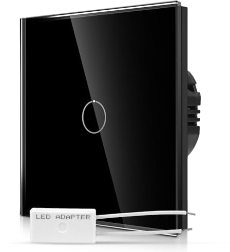 CNBINGO Variateur tactile encastré en noir - Interrupteur simple avec LED d'état et panneau en verre - Interrupteur mural à 1 compartiment pour lampes LED - Interrupteur tactile avec adaptateur