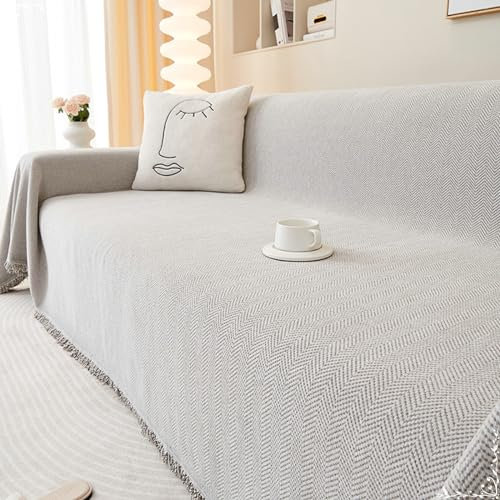 Epinki Überwurfdecke, 180x420CM Sofabezug L Form 4 Sitzer mit Quaste Einfarbig Muster, rutschfeste Sofaschoner aus Chenille Möbelschutz-Sofabezüge, Hellgrau