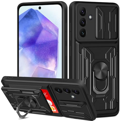Aolcev for Samsung A55 5g Phone Case with Card Holder Wallet Case with Camera Cover Ring Kickstand Heavy Duty Hard PC Soft TPU Bumper Armor Shockproof Protective Case Cover for Samsung Galaxy A55