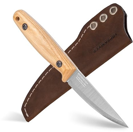 BPSKNIVES Finn Lite - Cuchillo Puukko - Cuchillo de hoja fija de acero al carbono con funda de cuero - Cuchillos pequeños de camping de espiga completa - Cuchillos utilitarios escandinavos para