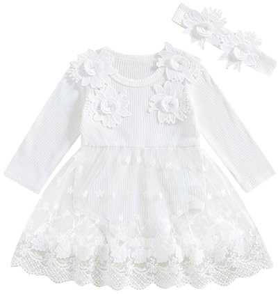 Geagodelia Filles 2 Pièces Tenues de Robes Papillon Manches Longues Princesse Robe et Bandeau Grenouillères pour Nouveau-né pour Fête Baptême Cérémonie, Blanc, 6-12 mois