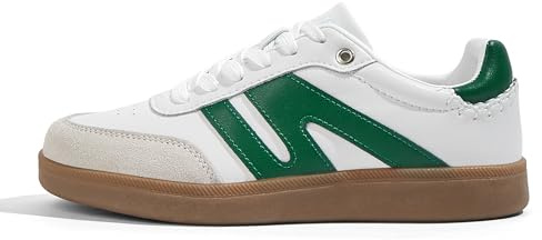 LUCKY STEP Women Retro Gum Sole Fashion Sneakers,White/Green,8.5