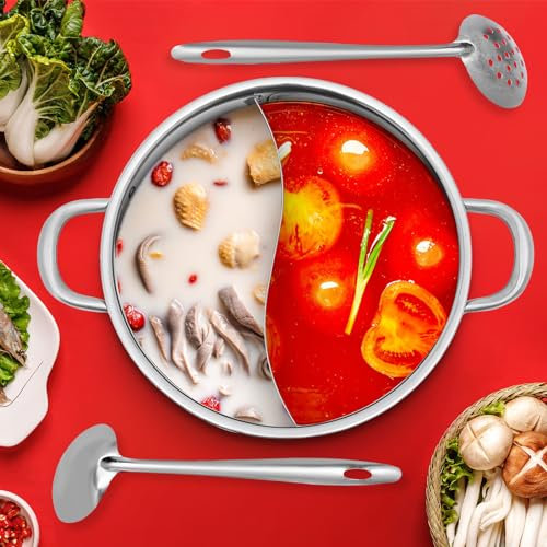 JDBDU Hot Pot Topf 32cm 304 Edelstahl Hotpot Kochtopf Hot Pot Herd mit Deckel und 2 Schöpflöffel Yin Yang Hot Pot Mandarine Duck Pot für Induktionskochfeld Gasherd