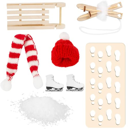 Wichtel Zubehör, Miniatur Weihnachten Wichtel Mütze Schal Skischuhe Schlitten Holz Skier Schnee Fußabdrücke, Mini Kleidung Weihnachts Ski Wichtelzubehör für Wichteltür Deko 1:12 Puppenhaus Geschenke
