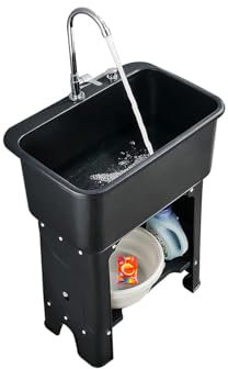 Laundry Sink,Black,Freestanding Plastic Kitchen Sink with Washboard,Faucet,Storage Shelf,Hoses and Drain Kit,Indoor Outdoor Utility Sinks for Garage Basement Garden