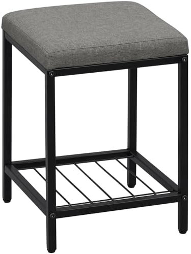 eSituro Sitzhocker Schminkhocker, Badhocker Badezimmerhocker mit Ablage, Polsterhocker mit Ablage, rechteckiger Hocker Schminktisch Couch Sofa, aus Leinen Metall, Dunkelgrau+Schwarz