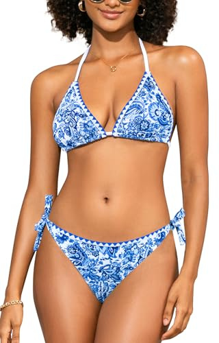 SHEKINI Women's Bikini Set Triangle Halter Tie Side Cheeky Bottom Paisley Shell Stitched Two Piece Swimsuit Boho Beach Swimwear