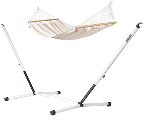 LA SIESTA® Florencia Hamac Simple à Barre en Coton Bio & Support en Acier - Support Hamac Exterieur Interieur, Structure Hamac Suspendu, Toile de Hamac sur Pied en Bois 2 Personnes - Latte