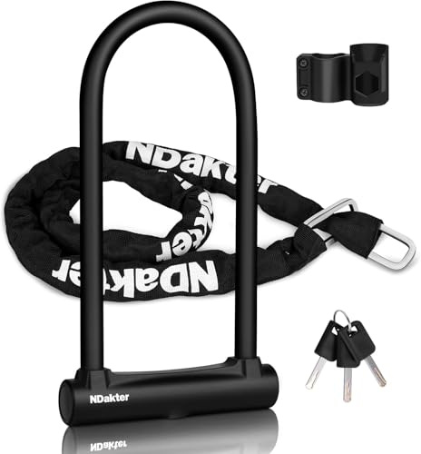 NDakter Bike Locks, 17mm Heavy Duty Anti Theft, Bike U Lock with 4FT Chain and Bracket, Electric Bicycle Lock for Scooter, 3 Keys Motorcycle Wheel Lock for Ebike, Moped, Tricycle