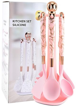 Yifaose Set di 7 utensili da cucina in silicone con supporto girevole, essenziali da cucina resistenti al calore, gadget da cucina per pentole, atossici e sani, rosa